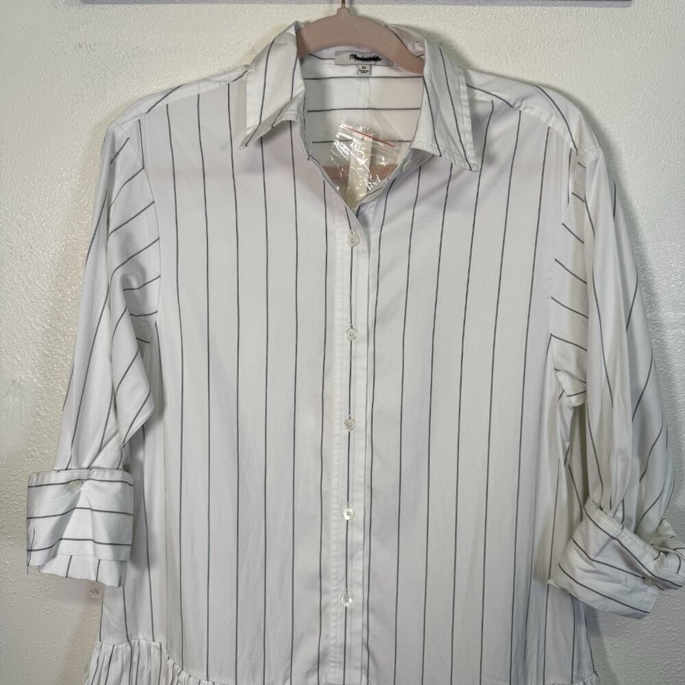 MADEWELL Bubble-Hem Mini Shirtdress in Pinstripe Poplin Dress X-Small - Picture 10 of 16